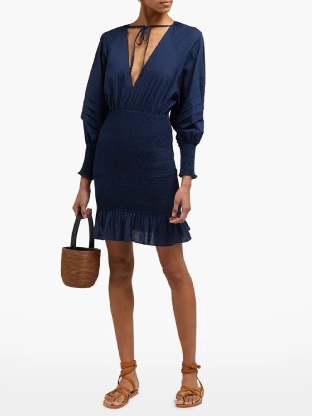 RHODE blue smocked tie-neck v-neck balloon sleeve mini dress cotton size S small